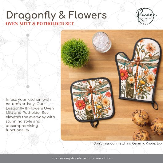 DragonFly & Flowers Oven Mitt and Potholders Set 鍋つかみ&鍋敷きセット