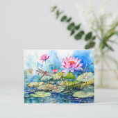 Dragonfly flying through pink water lilies シーズンポストカード (スタンド正面)