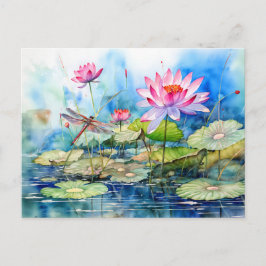 Dragonfly flying through pink water lilies シーズンポストカード