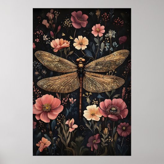 Dragonfly In Dark Flower Garden, Moody Dragonfly ポスター (正面)