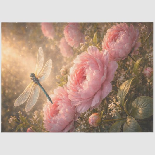 Dragonfly Over Pink Peonies Spring Garden  薄葉紙 (正面)