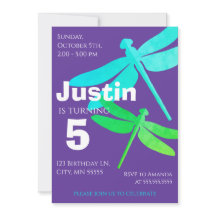 Dragonfly Purple Boy 5th Birthday Invitation