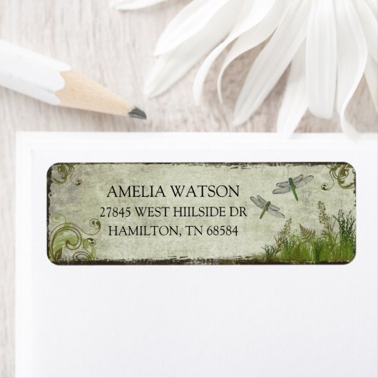 Dragonfly Rustic Botanical Return Address Labels ラベル (インサイチュ)