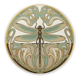 Dragonfly Sage Green & Gold Art Deco Nouveau セラミックノブ
