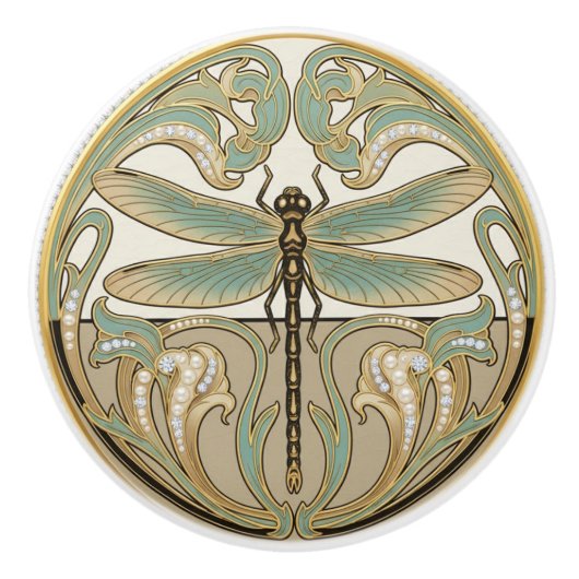 Dragonfly Sage Green & Gold Art Deco Nouveau セラミックノブ (正面)