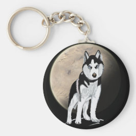 Dramatic Black and White Husky against Full Moon キーホルダー