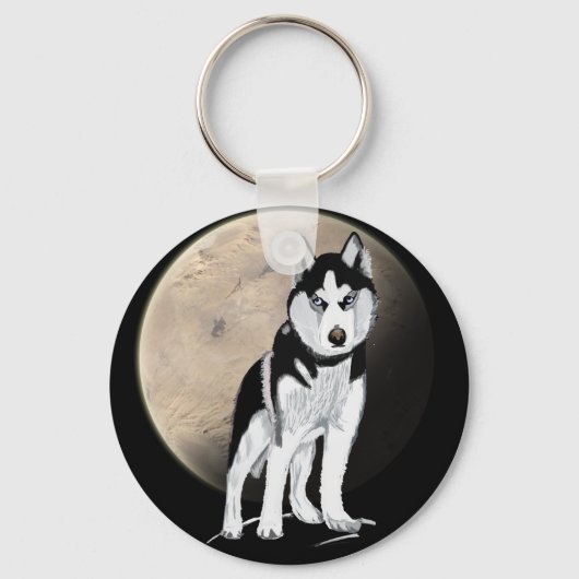 Dramatic Black and White Husky against Full Moon キーホルダー (正面)