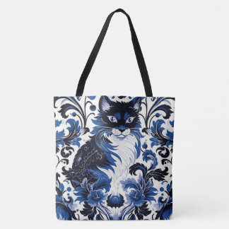Dramatic Blue Art Deco Cat Large Shoulder Tote トートバッグ