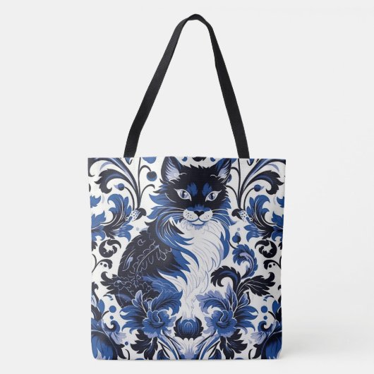 Dramatic Blue Art Deco Cat Large Shoulder Tote トートバッグ (正面)