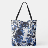 Dramatic Blue Art Deco Cat Large Shoulder Tote トートバッグ (裏面)