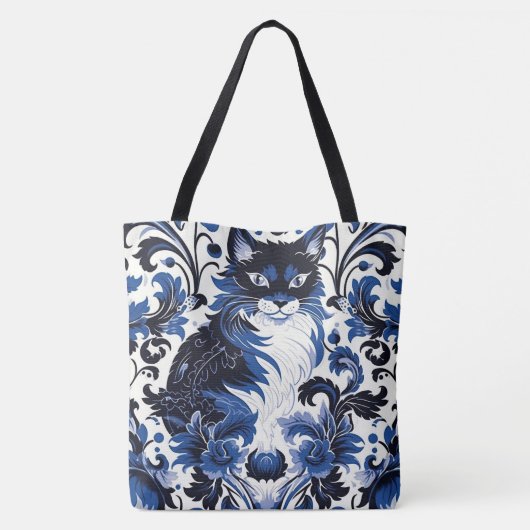 Dramatic Blue Art Deco Cat Large Shoulder Tote トートバッグ (裏面)