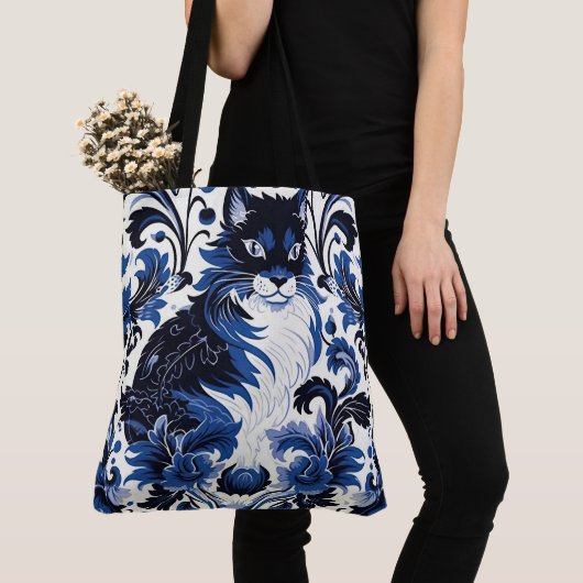 Dramatic Blue Art Deco Cat Large Shoulder Tote トートバッグ (クローズアップ)
