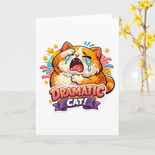 Dramatic Cat Funny Crying Cartoon Art Reaction カード (黄色い花)