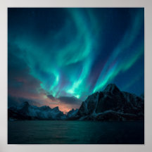 Dramatic Fjord Mountain Silhouettes with Aurora