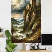 🏰🌫️ Dramatic Medieval Cliff Castle Stormscape 🌄 ポスター (ホームオフィス)