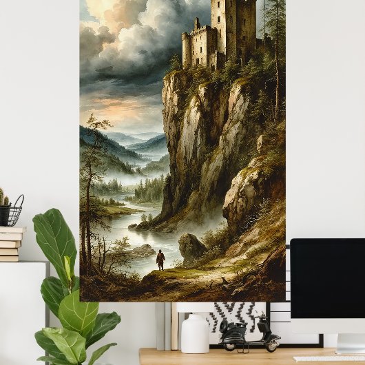 🏰🌫️ Dramatic Medieval Cliff Castle Stormscape 🌄 ポスター (ホームオフィス)