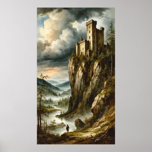 🏰🌫️ Dramatic Medieval Cliff Castle Stormscape 🌄 ポスター (正面)