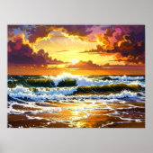 Dramatic Ocean Waves on the Beach Sunset Art ポスター (正面)