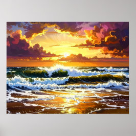 Dramatic Ocean Waves on the Beach Sunset Art ポスター