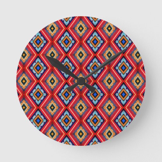 Dramatic Red and Blue Diamond Pattern ラウンド壁時計 (正面)