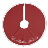 Dramatic Red Personalized Name Holiday Tree Skirt  フェイクリネンツリースカート (正面)