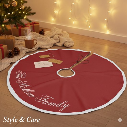 Dramatic Red Personalized Name Holiday Tree Skirt  フェイクリネンツリースカート