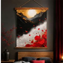 Dramatic Red Poppies Black Mountain Golden Sun Lan 吊り下げ型タペストリー