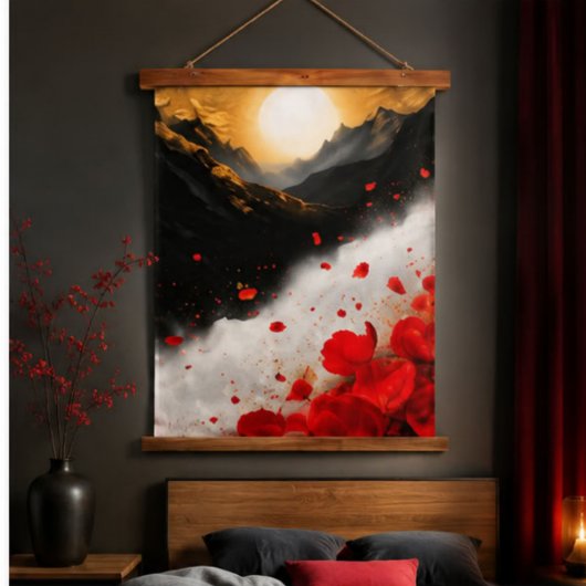 Dramatic Red Poppies Black Mountain Golden Sun Lan 吊り下げ型タペストリー