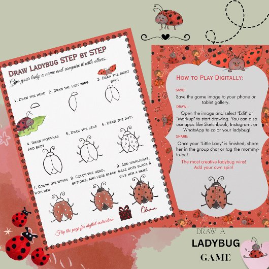 Draw a Ladybug Baby Shower Game | Digital & Print 招待状