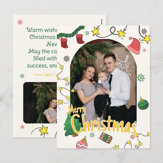 Draw Christmas Family Photo Greeting Card シーズンポストカード (正面/裏面)