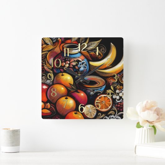 Drawing Stylized Still Life Vase Fruit スクエア壁時計 (ホーム)