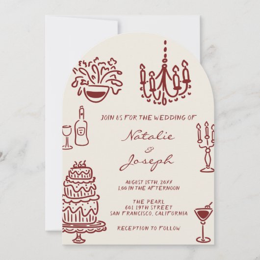 Drawn Burgundy Romantic Photo Arched Wedding 招待状 (正面)