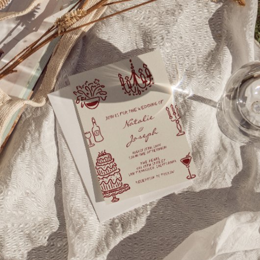 Drawn Burgundy Whimsical Photo QR Code Wedding 招待状