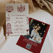 Drawn Burgundy Whimsical Photo QR Code Wedding 招待状