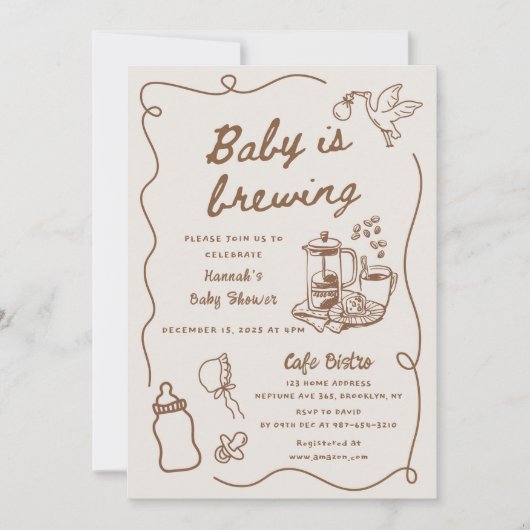 Drawn Coffee Baby is Brewing Baby Shower 招待状 (正面)