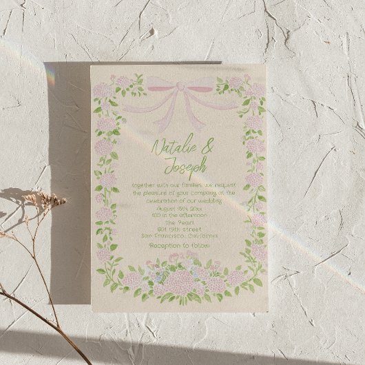  Drawn Green Pink Bow Floral Photo QR Code Wedding 招待状