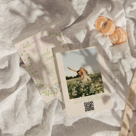  Drawn Green Pink Bow Floral Photo QR Code Wedding 招待状