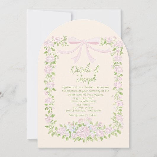 Drawn Green Pink Bow Floral Summer Arched Wedding 招待状 (正面)