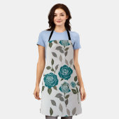 Drawn Roses In Muted Blues And Greens  エプロン (着用した状態)
