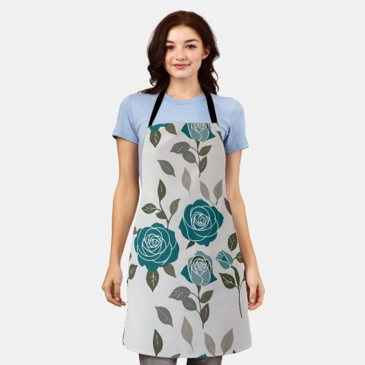 Drawn Roses In Muted Blues And Greens エプロン (着用した状態)