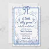 Drawn Silly Goose blue Gingham Ribbon Baby Shower 招待状 (正面)