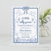 Drawn Silly Goose blue Gingham Ribbon Baby Shower 招待状 (スタンド正面)