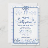 Drawn Silly Goose blue Gingham Ribbon Baby Shower 招待状 (正面)