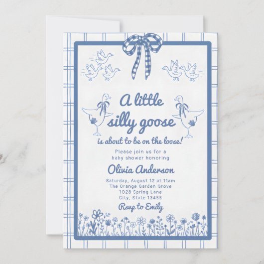 Drawn Silly Goose blue Gingham Ribbon Baby Shower 招待状 (正面)
