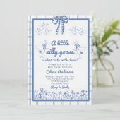 Drawn Silly Goose blue Gingham Ribbon Baby Shower 招待状 (スタンド正面)