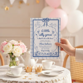 Drawn Silly Goose blue Gingham Ribbon Baby Shower 招待状