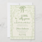 Drawn Silly Goose green Gingham Ribbon Baby Shower 招待状 (正面)