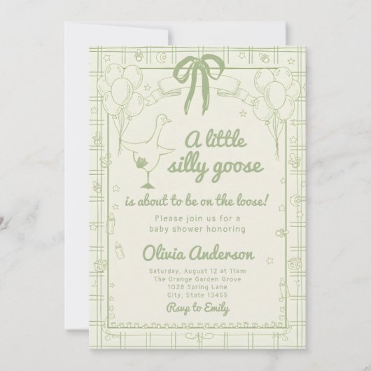 Drawn Silly Goose green Gingham Ribbon Baby Shower 招待状 (正面)