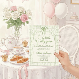 Drawn Silly Goose green Gingham Ribbon Baby Shower 招待状