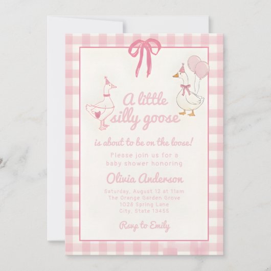 Drawn Silly Goose pink Gingham Ribbon Baby Shower 招待状 (正面)